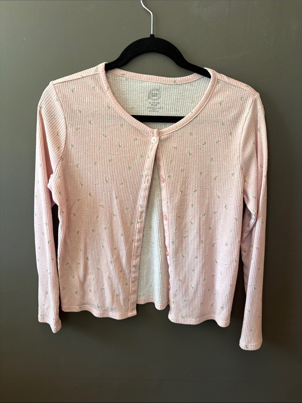 wonder nation Pink Long Sleeve Ribbed Cardigan with Tiny Green Floral Dots